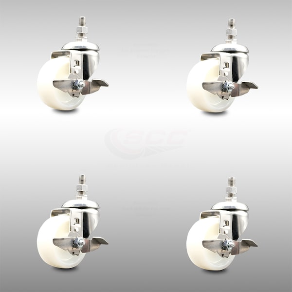 Service Caster 3 Inch 316SS Nylon Wheel Swivel 1/2 Inch Threaded Stem Caster Set Brake SCC SCC-SS316TS20S314-NYS-TLB-121315-4 - main